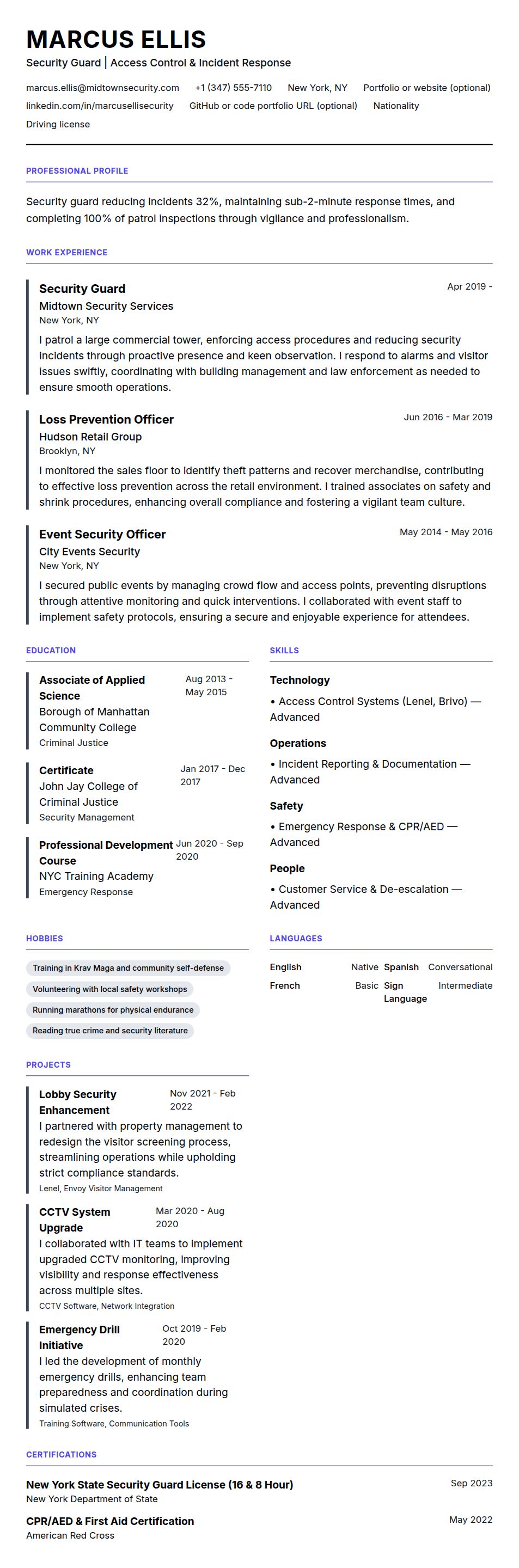 Resume preview for Security Guard Resume Example