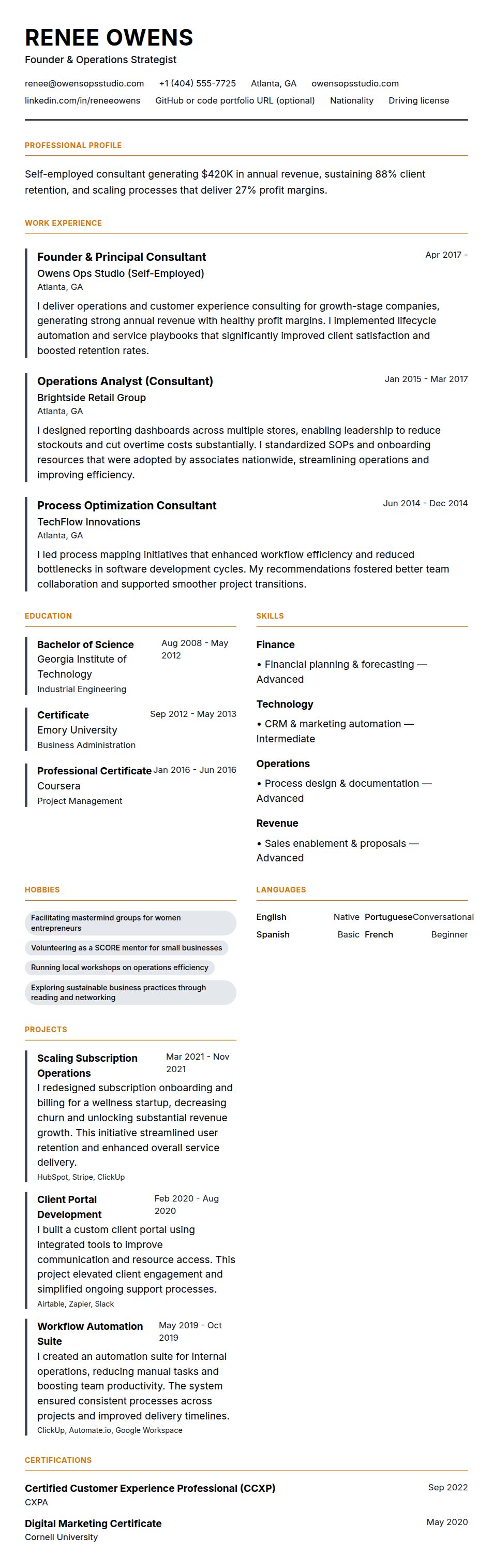 Resume preview for Self-Employed Professional Resume Example