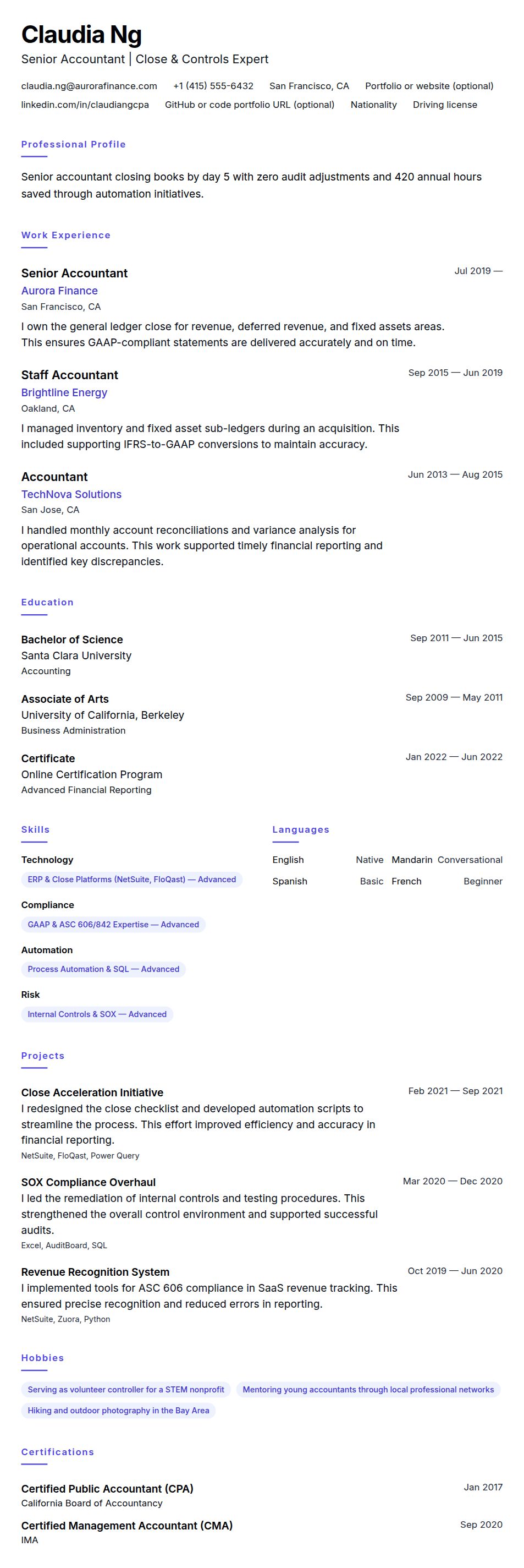 Resume preview for Senior Accountant Resume Example