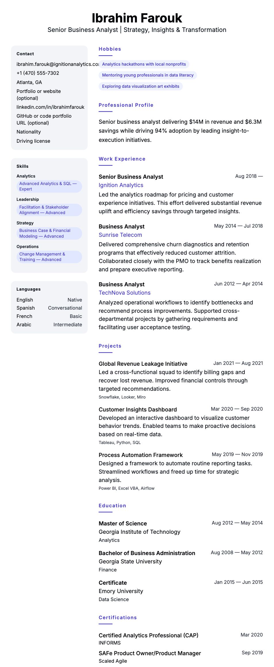 Resume preview for Senior Business Analyst Resume Example