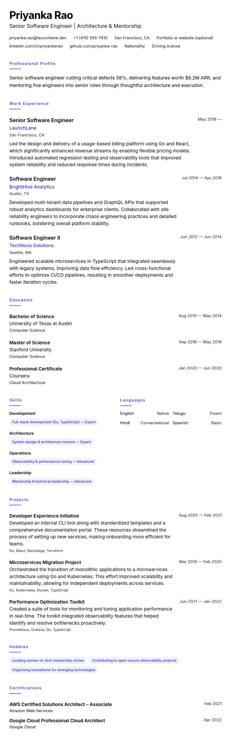 Resume preview for Senior Software Engineer Resume Example