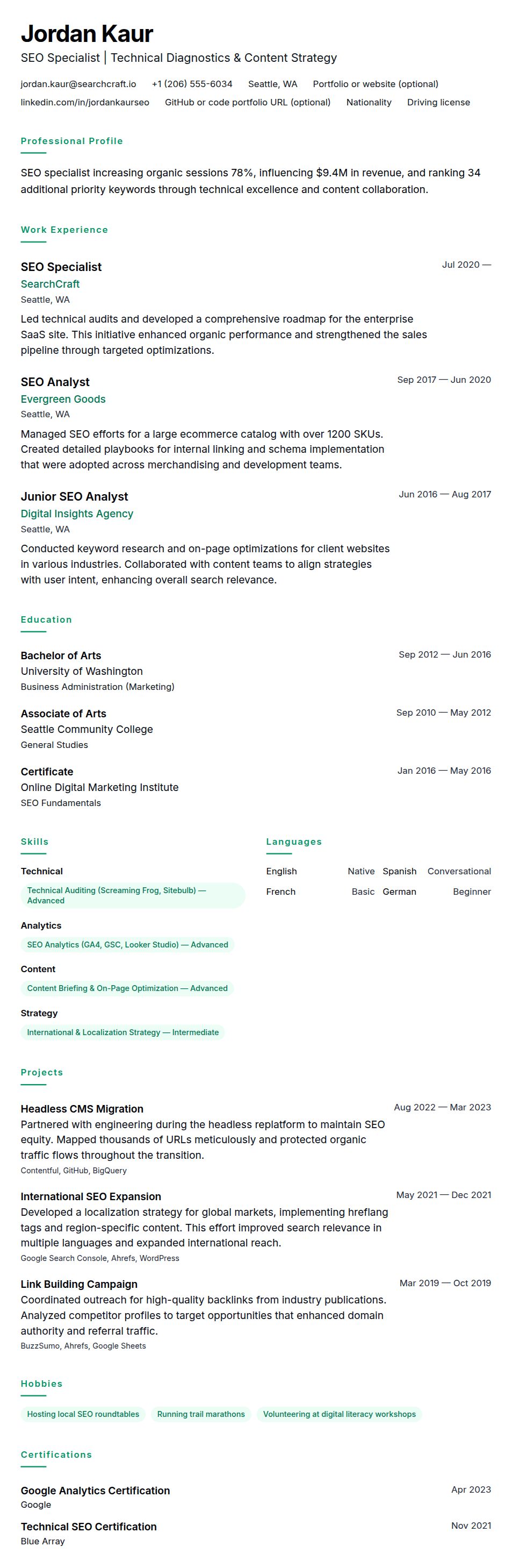 Resume preview for SEO Specialist Resume Example