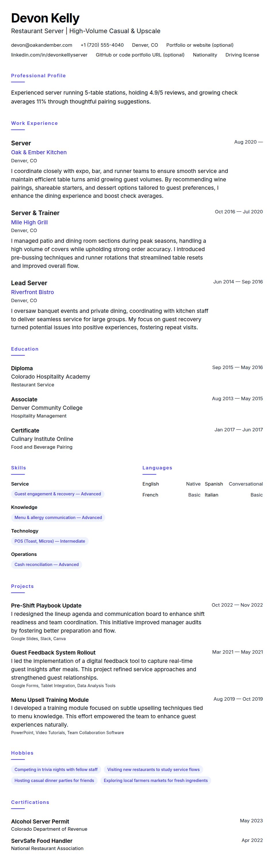 Resume preview for Server Resume Example