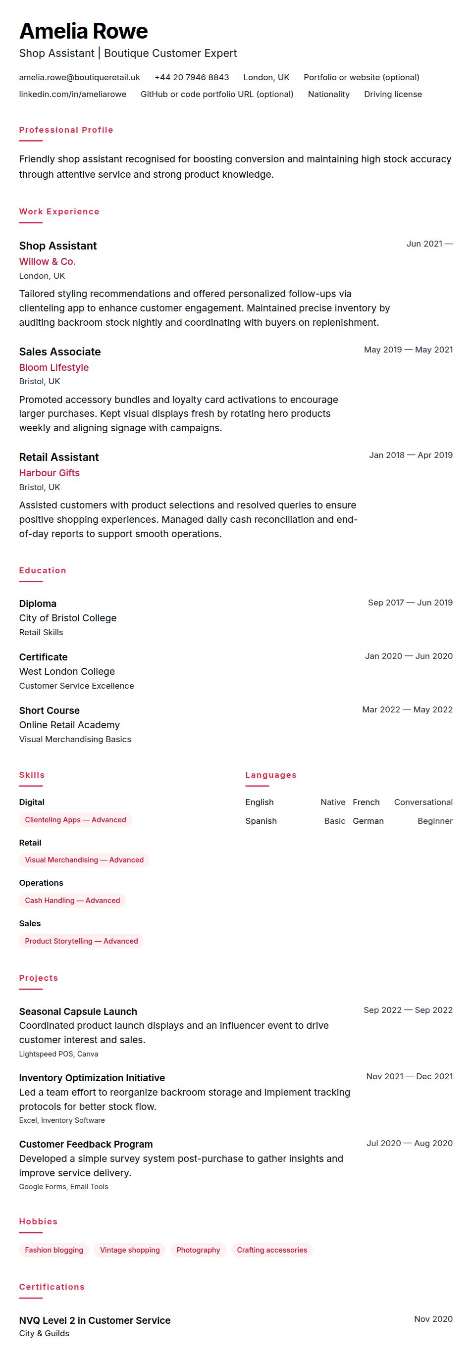 Resume preview for Shop Assistant Resume Example