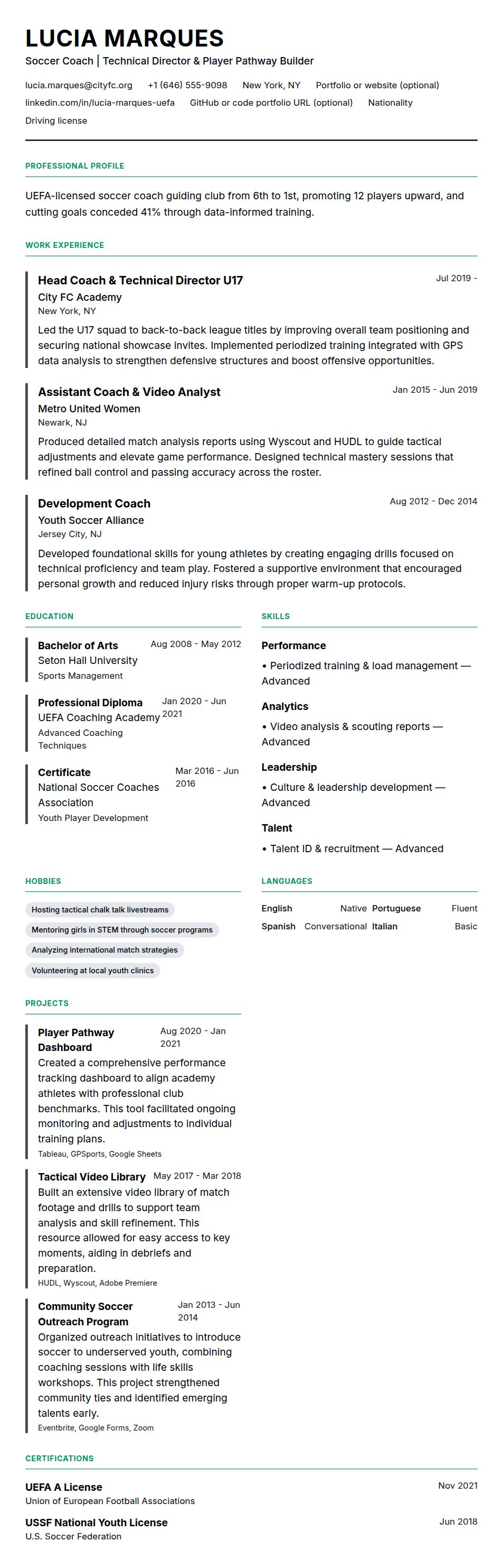 Resume preview for Soccer Coach Resume Example