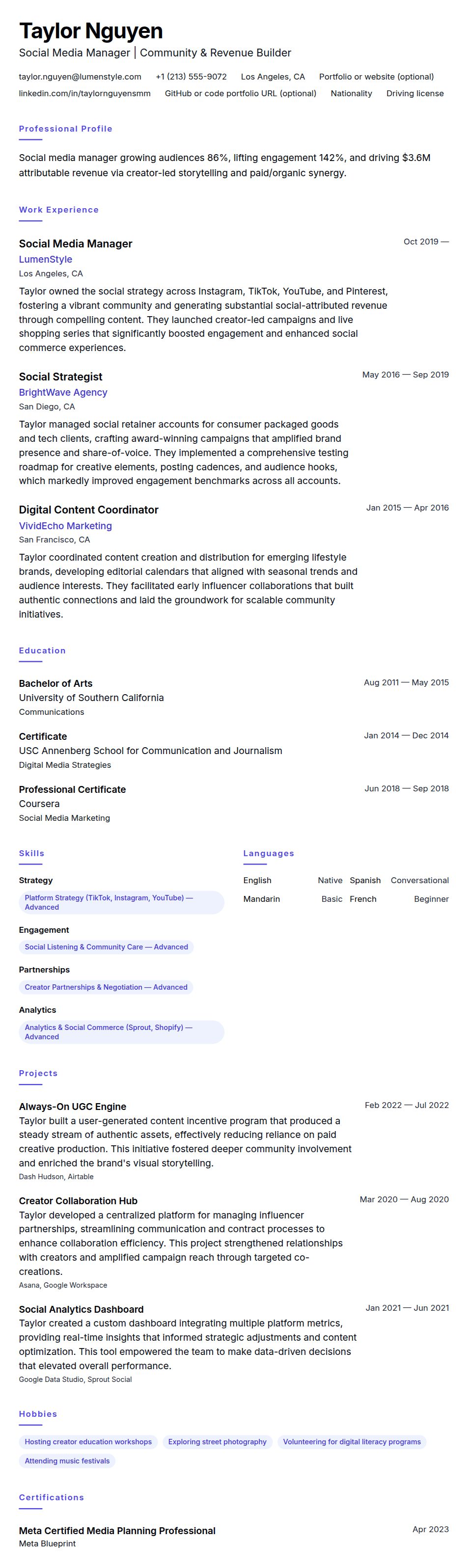 Resume preview for Social Media Manager Resume Example