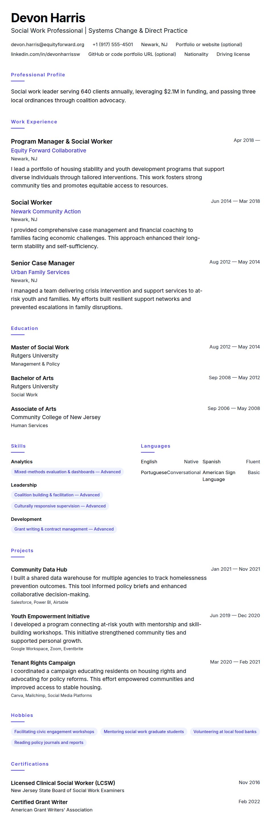 Resume preview for Social Work Professional Resume Example