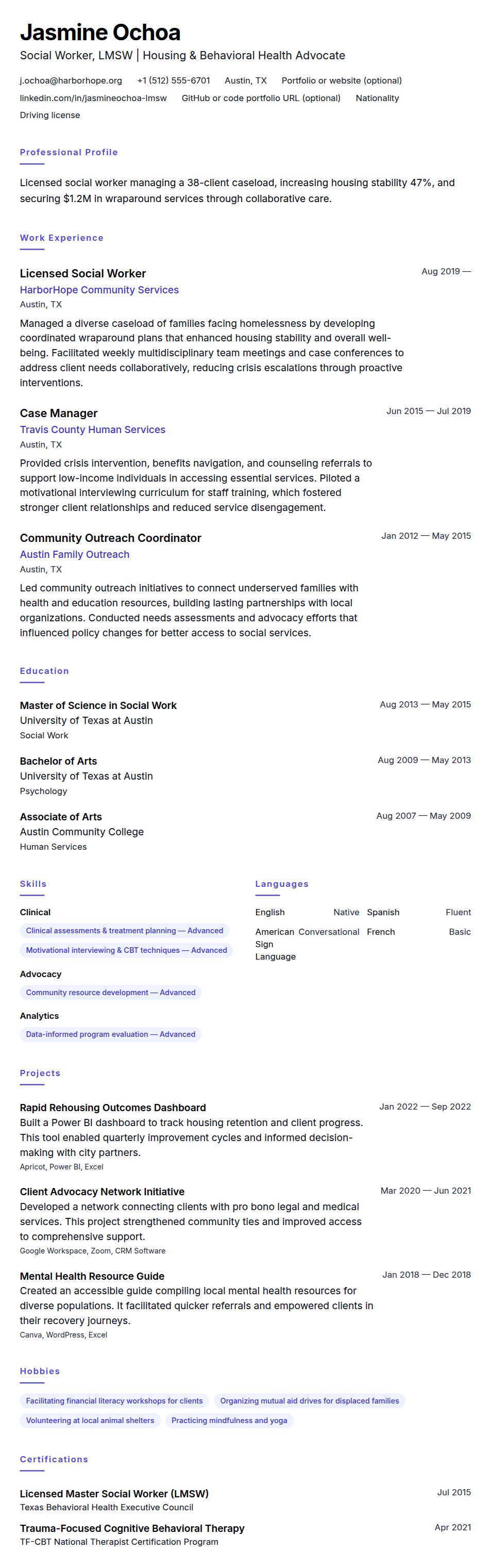 Resume preview for Social Worker Resume Example
