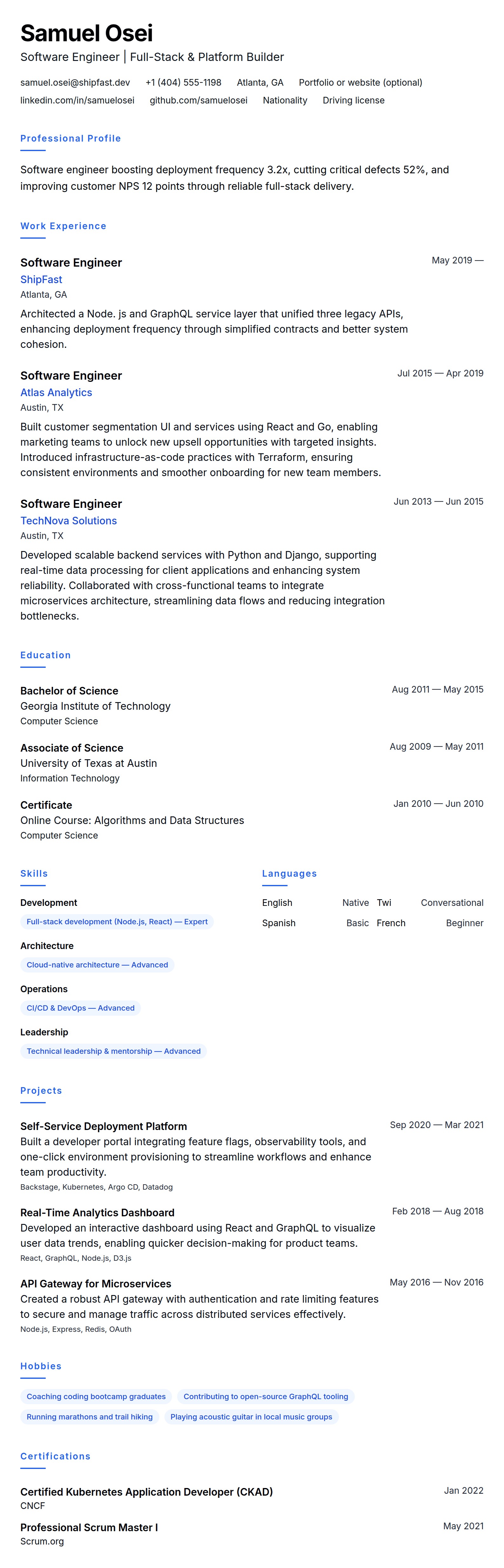 Resume preview for Software Engineer Resume Example