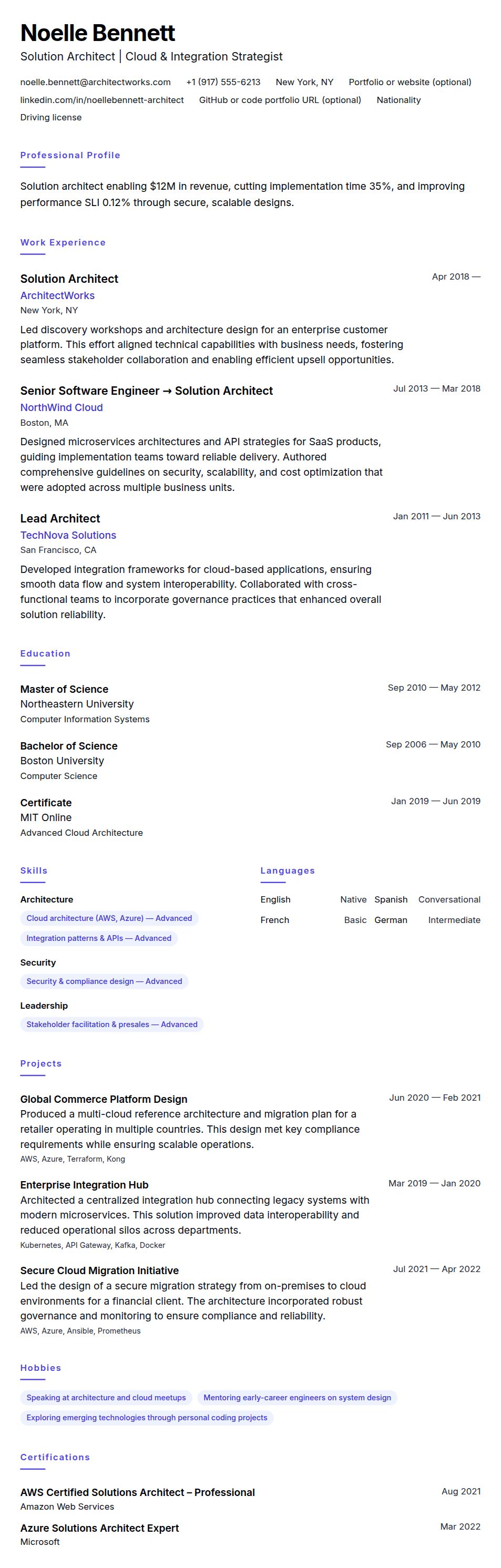 Resume preview for Solution Architect Resume Example