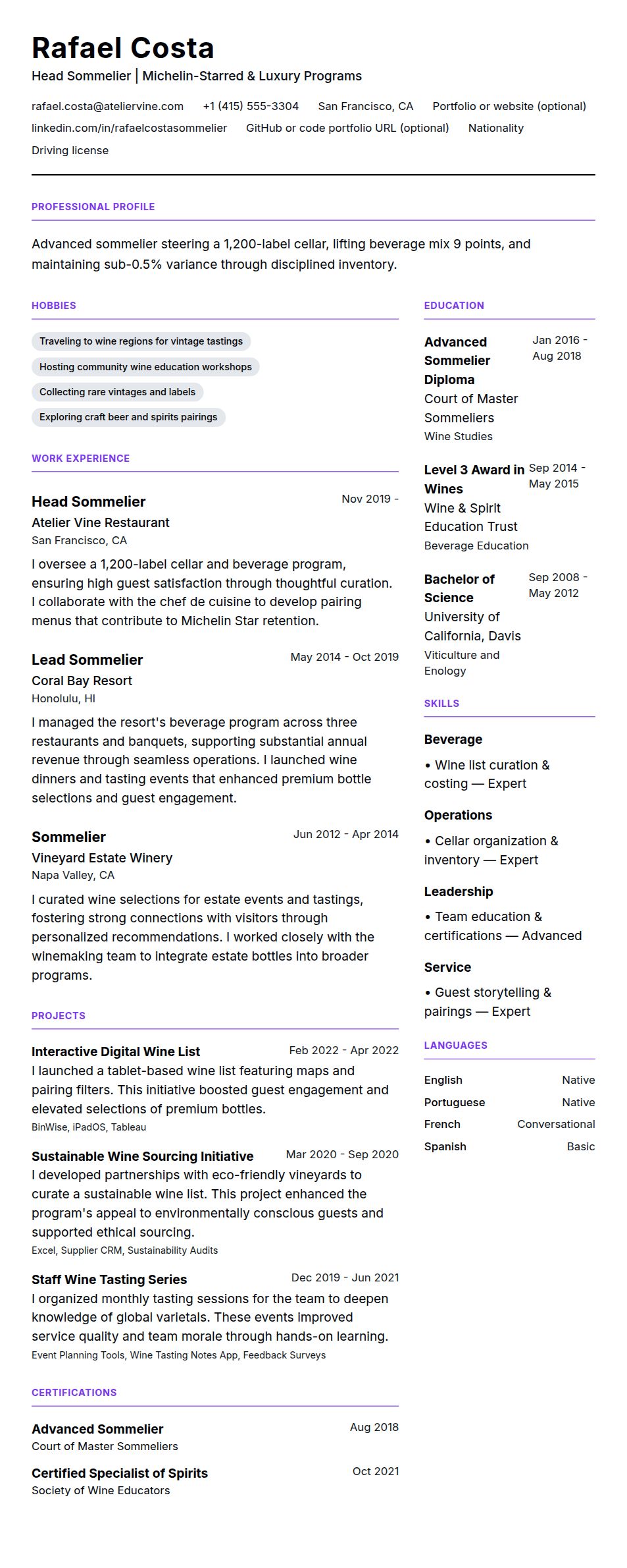 Resume preview for Sommelier Resume Example
