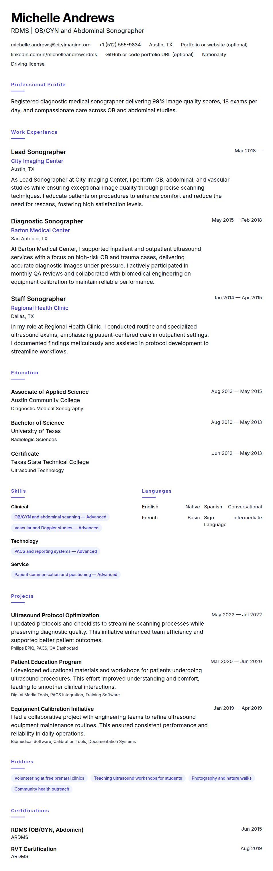 Resume preview for Sonographer Resume Example