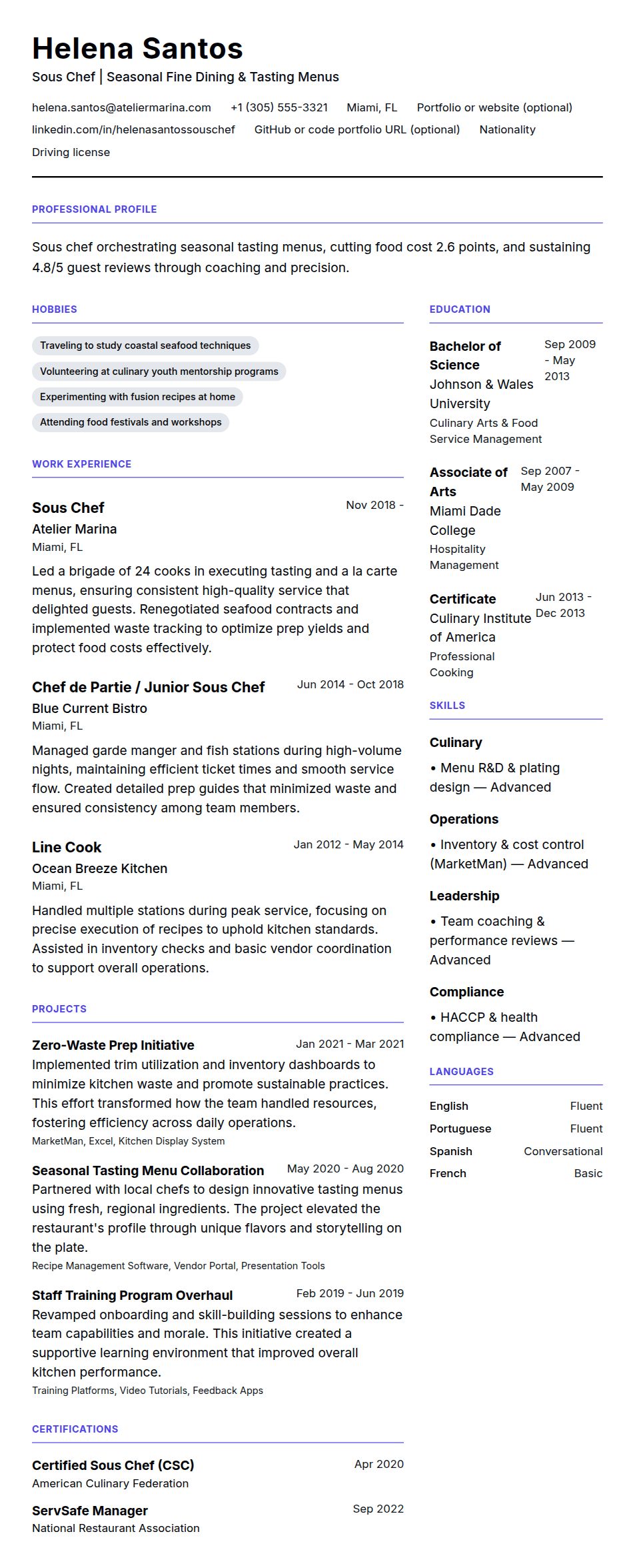 Resume preview for Sous Chef Resume Example