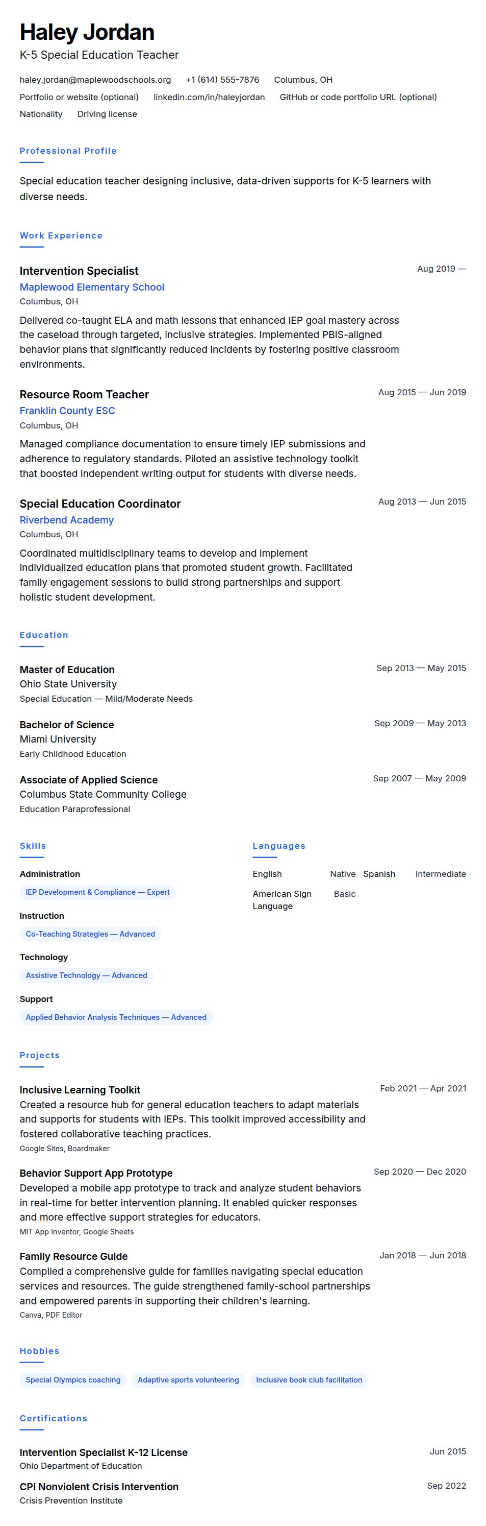 Resume preview for Special Education Teacher Resume Example