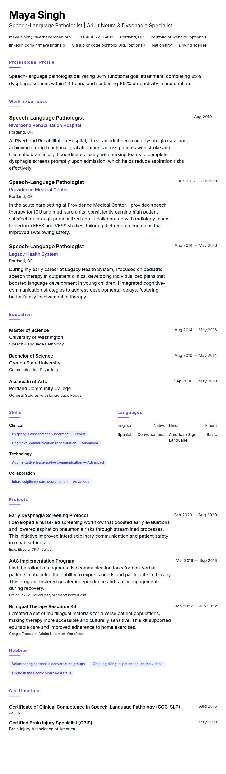 Resume preview for Speech-Language Pathologist (SLP) Resume Example