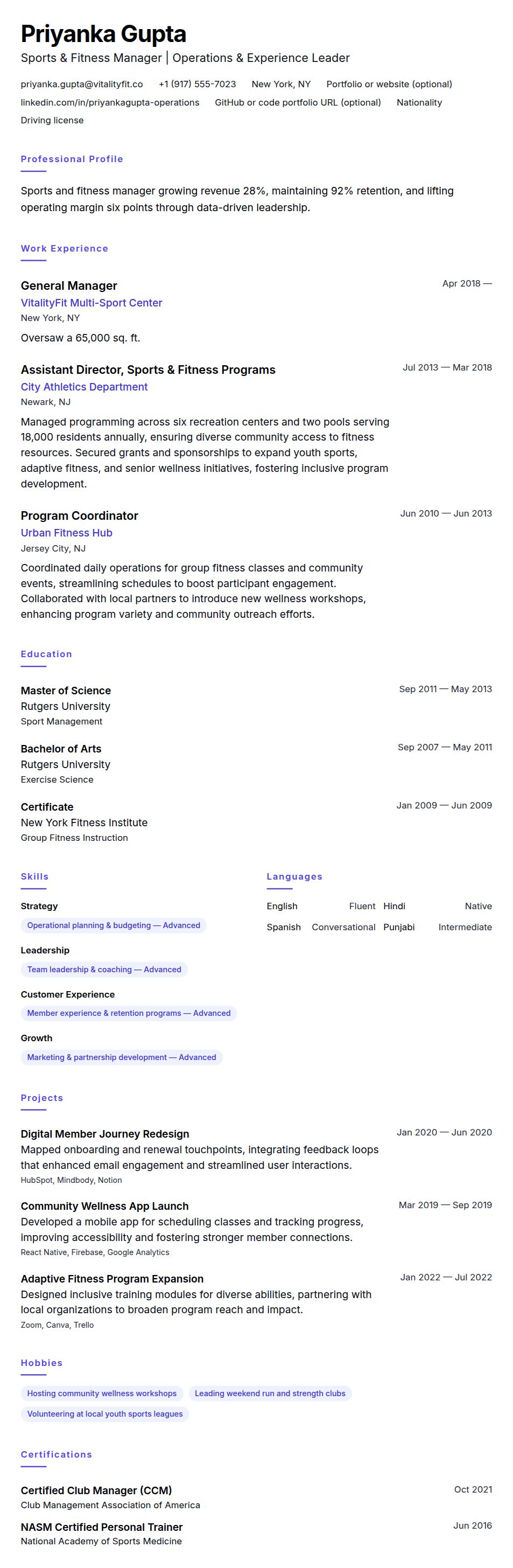 Resume preview for Sports and Fitness Manager Resume Example