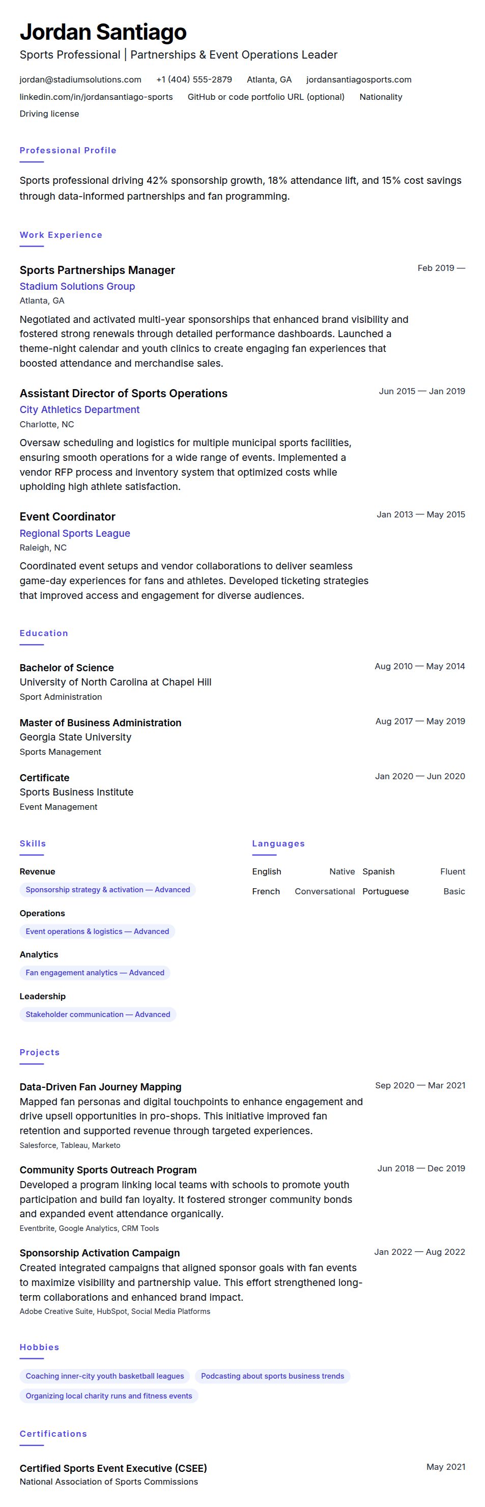 Resume preview for Sports Professional Resume Example