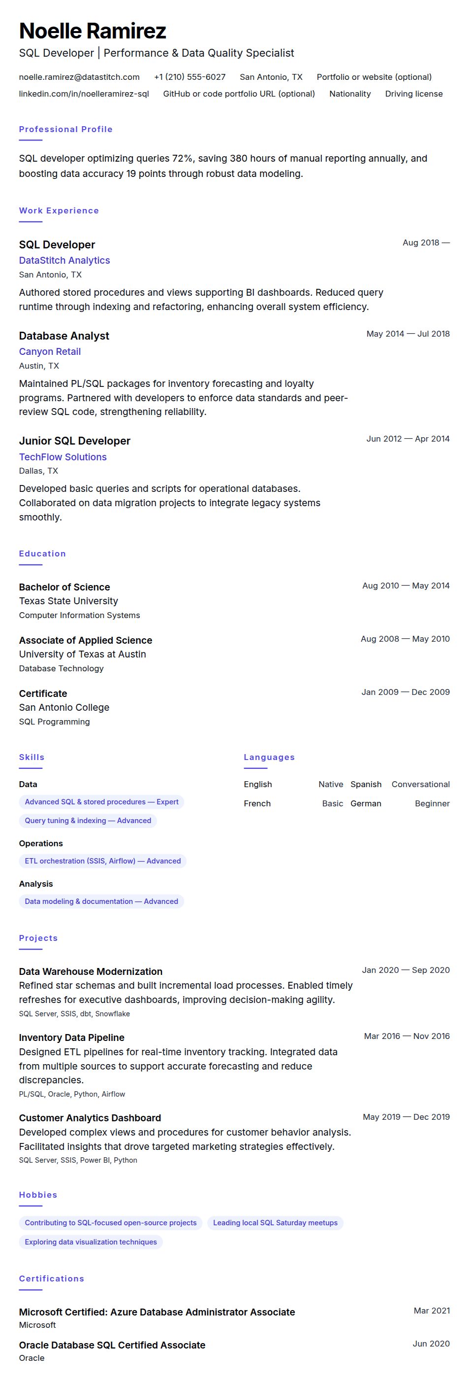 Resume preview for SQL Developer Resume Example