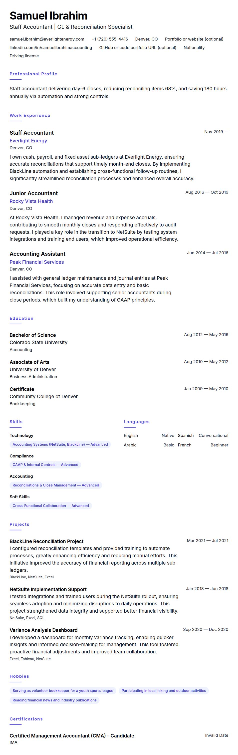Resume preview for Staff Accountant Resume Example