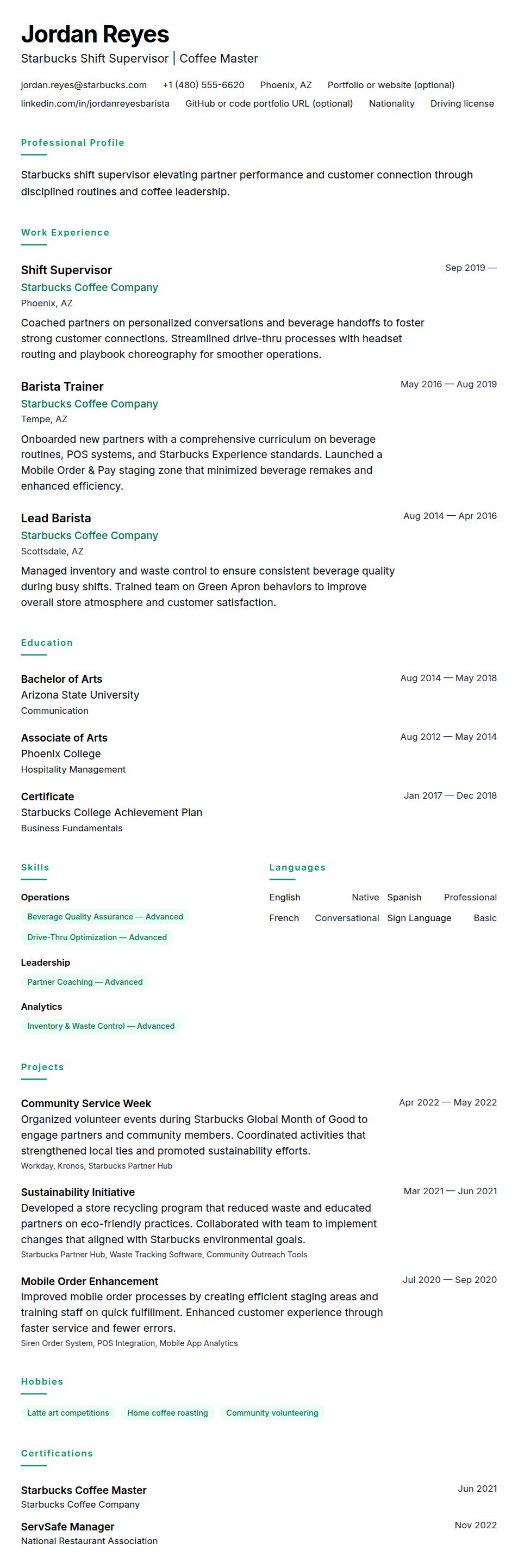 Resume preview for Starbucks Shift Supervisor Resume Example