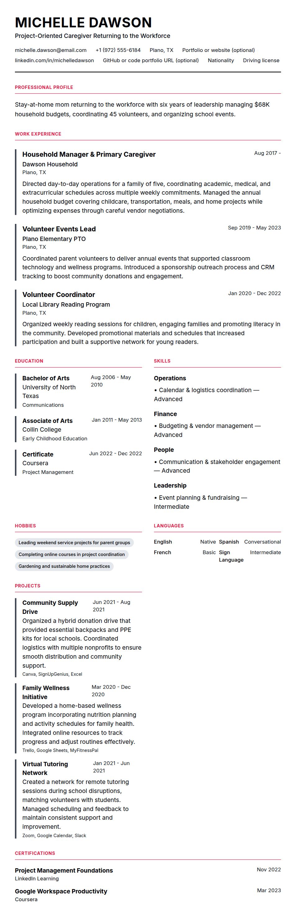 Resume preview for Stay-at-Home Mom Resume Example