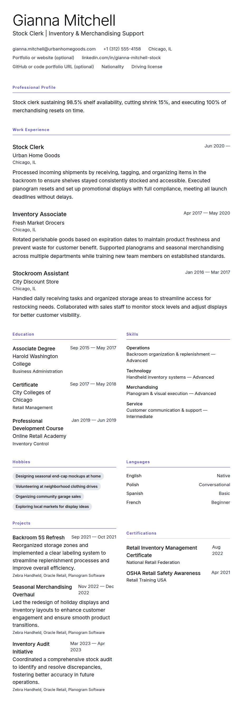 Resume preview for Stock Clerk Resume Example