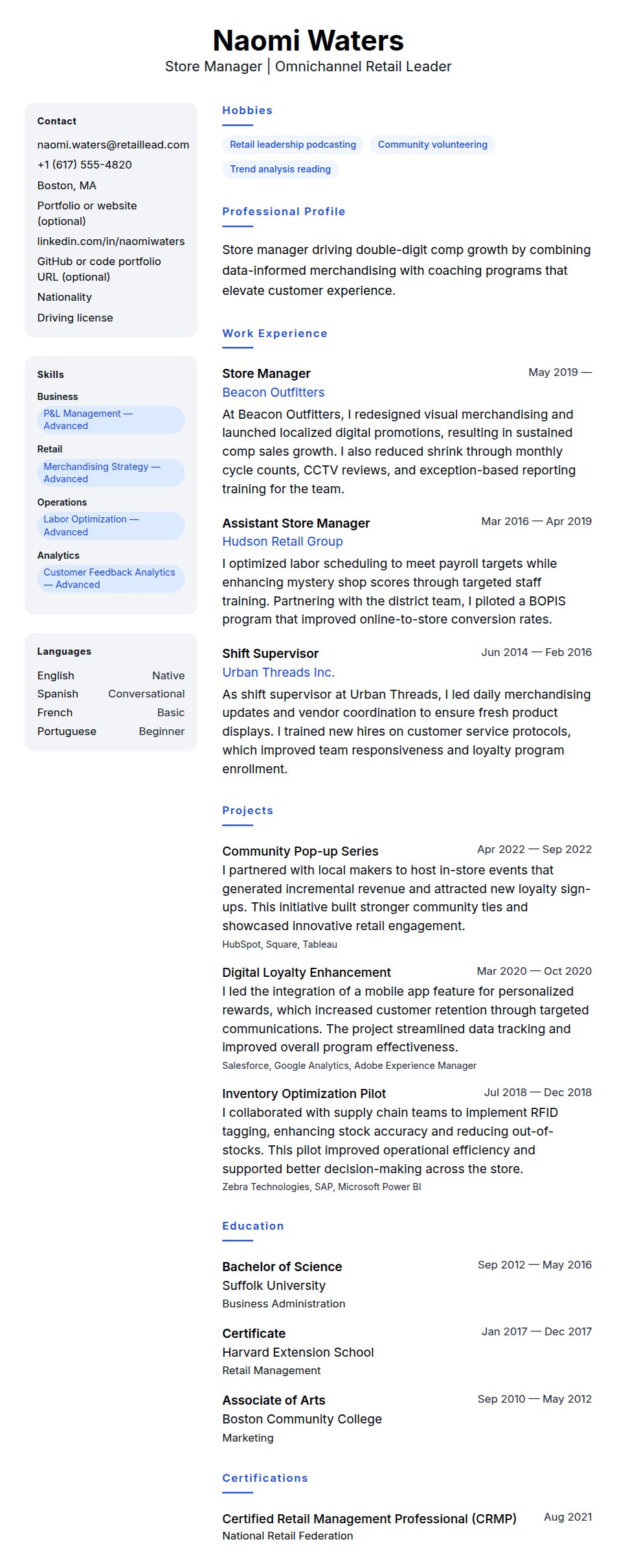 Resume preview for Store Manager Resume Example