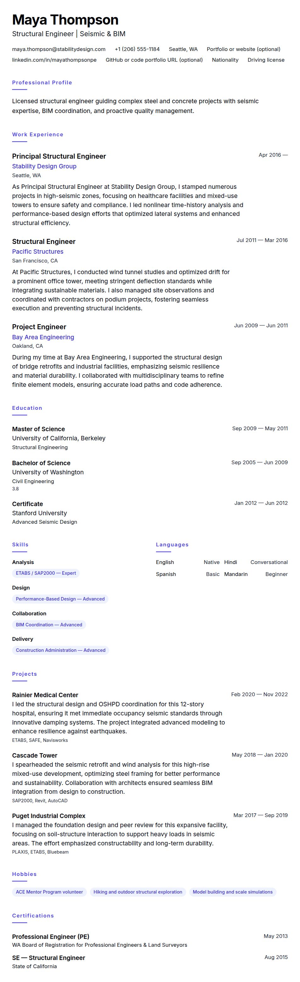 Resume preview for Structural Engineer Resume Example