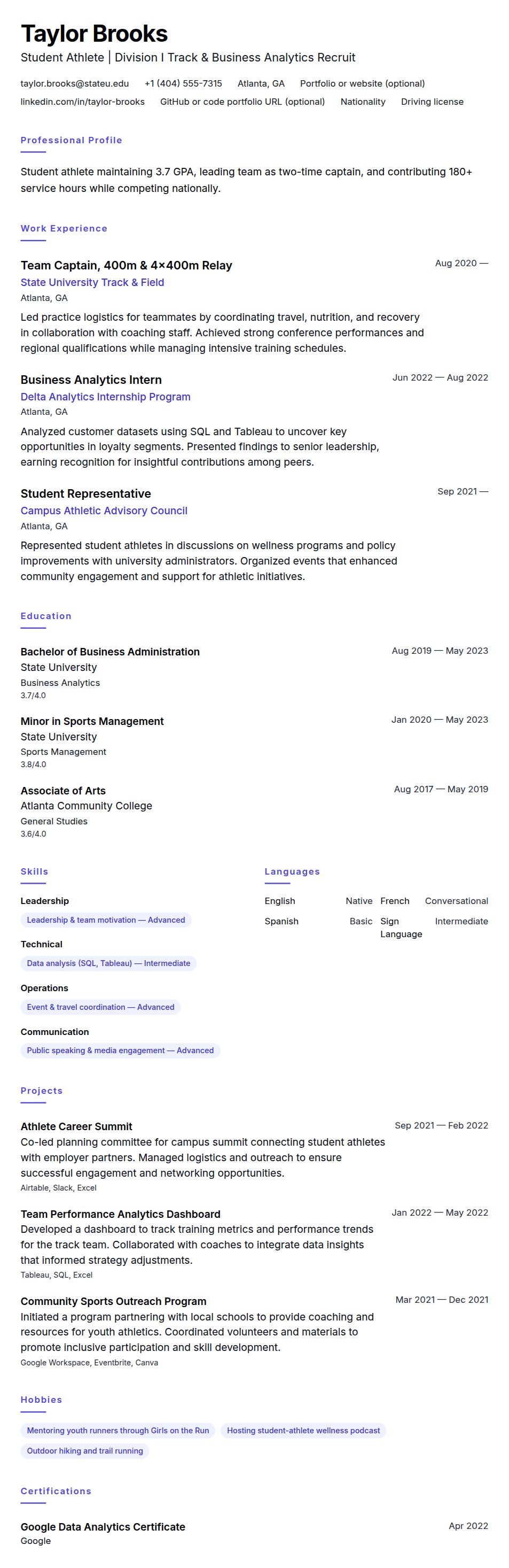 Resume preview for Student Athlete Resume Example