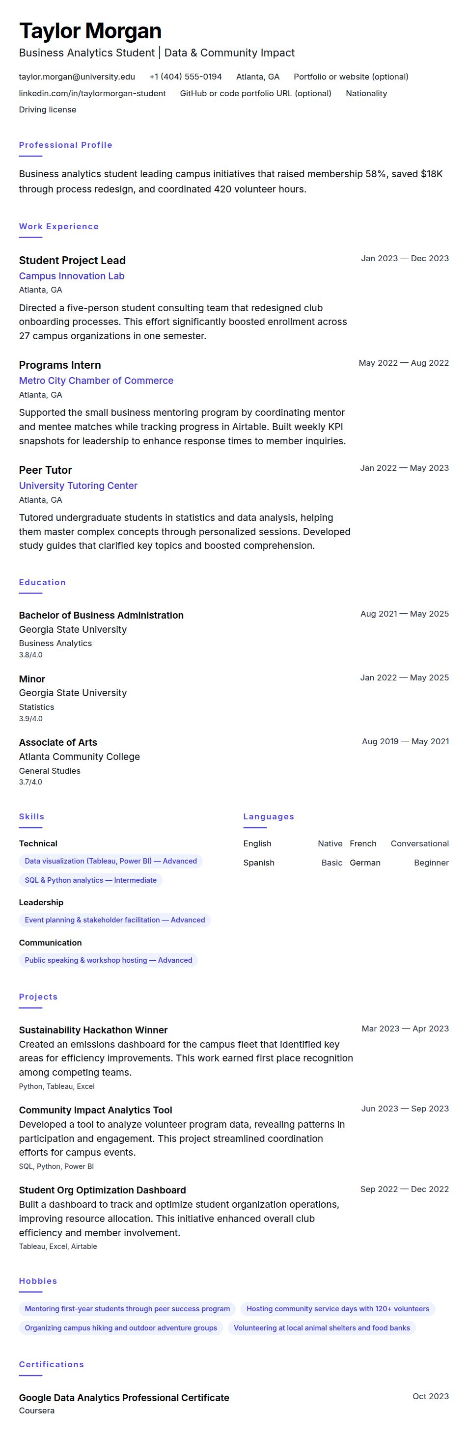 Resume preview for Student Resume Example