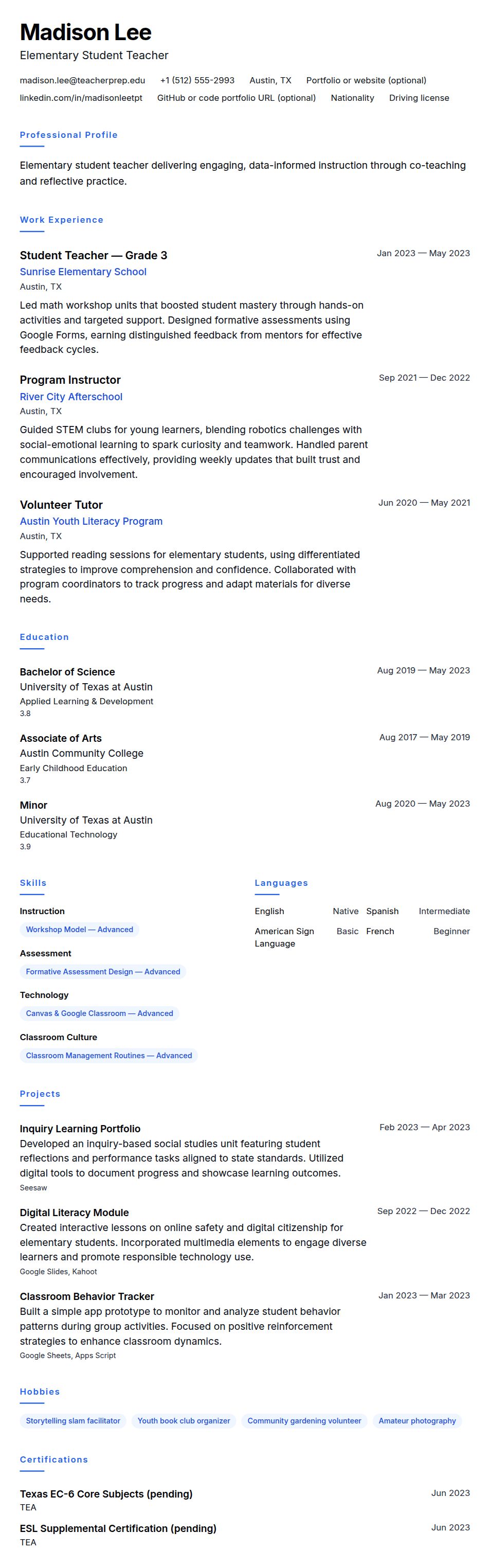 Resume preview for Student Teacher Resume Example