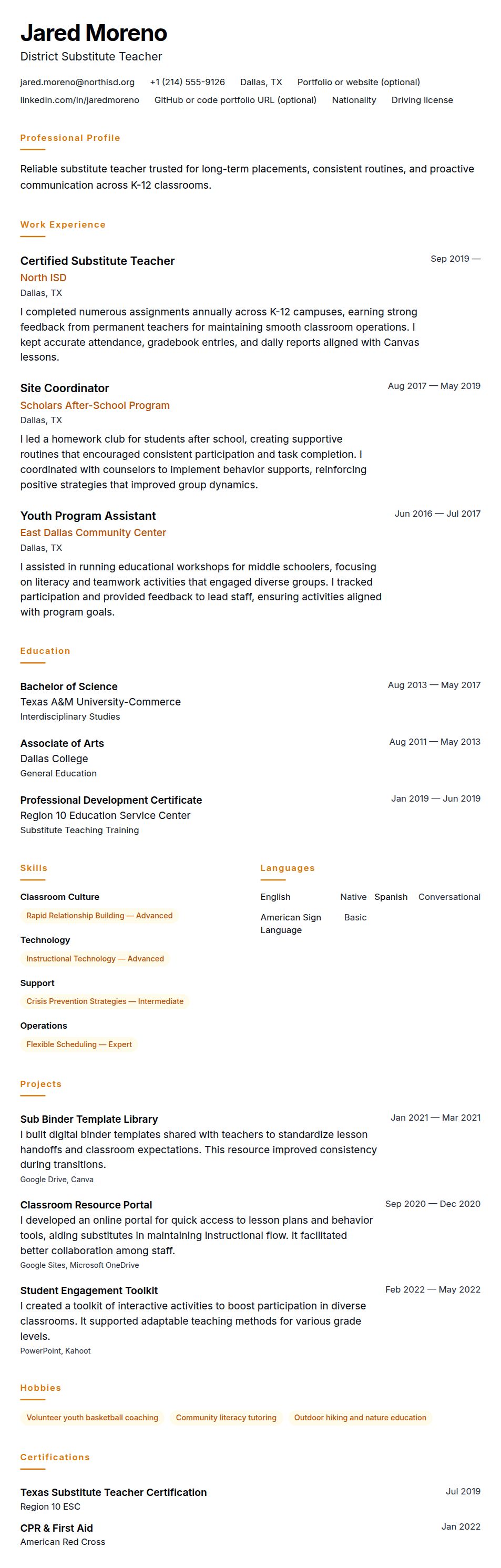 Resume preview for Substitute Teacher Resume Example