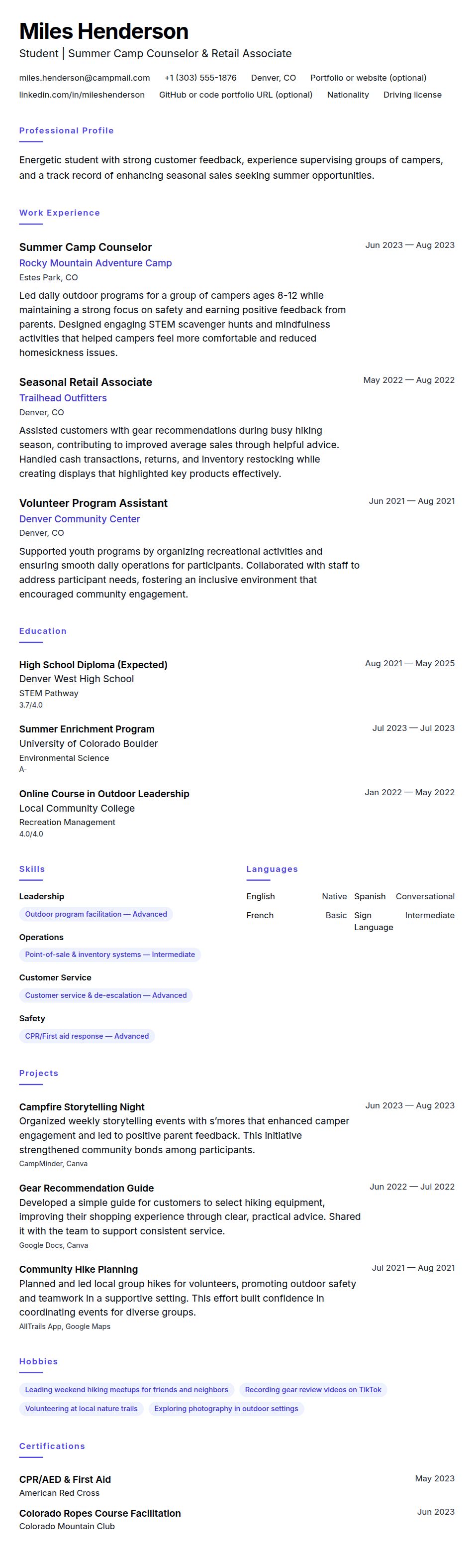 Resume preview for Summer Job Resume Resume Example