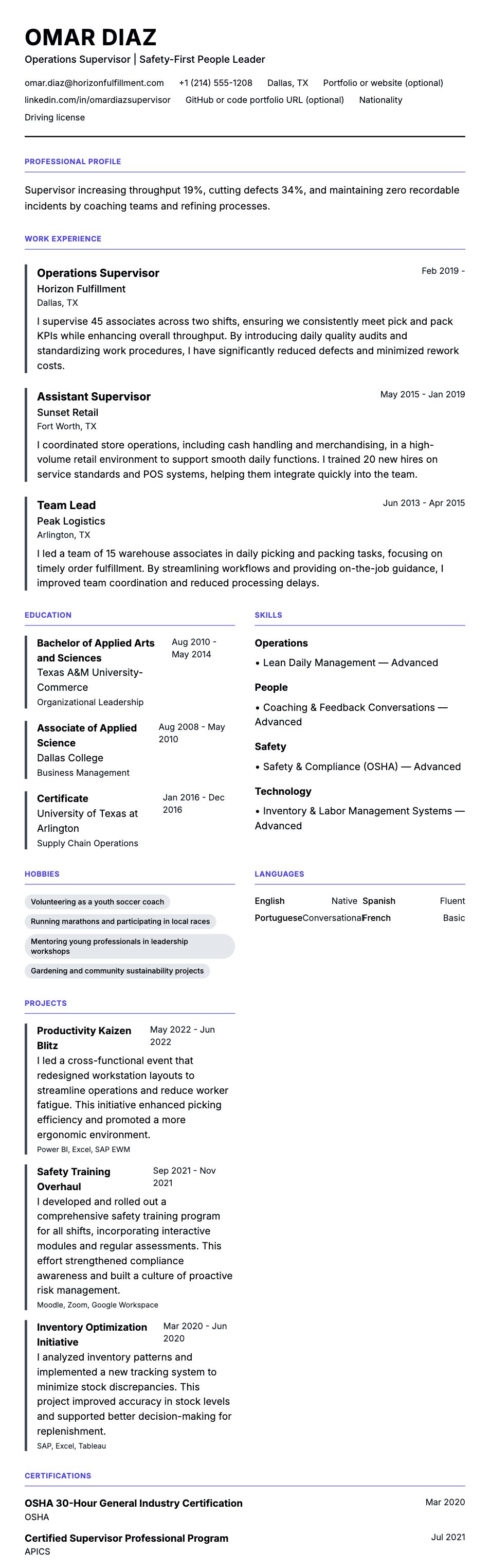 Resume preview for Supervisor Resume Example