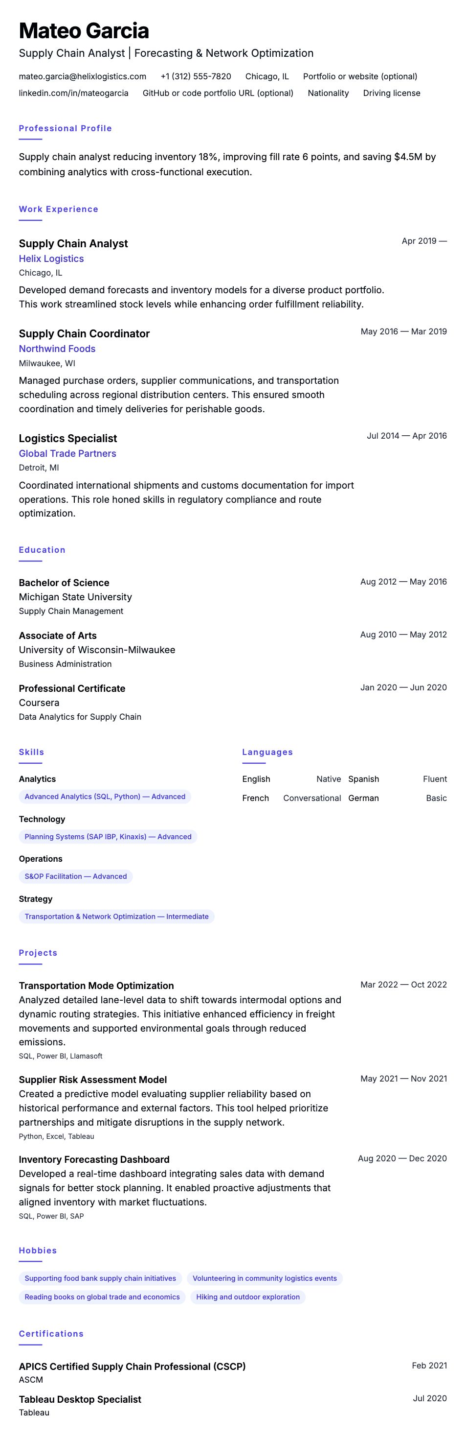 Resume preview for Supply Chain Analyst Resume Example