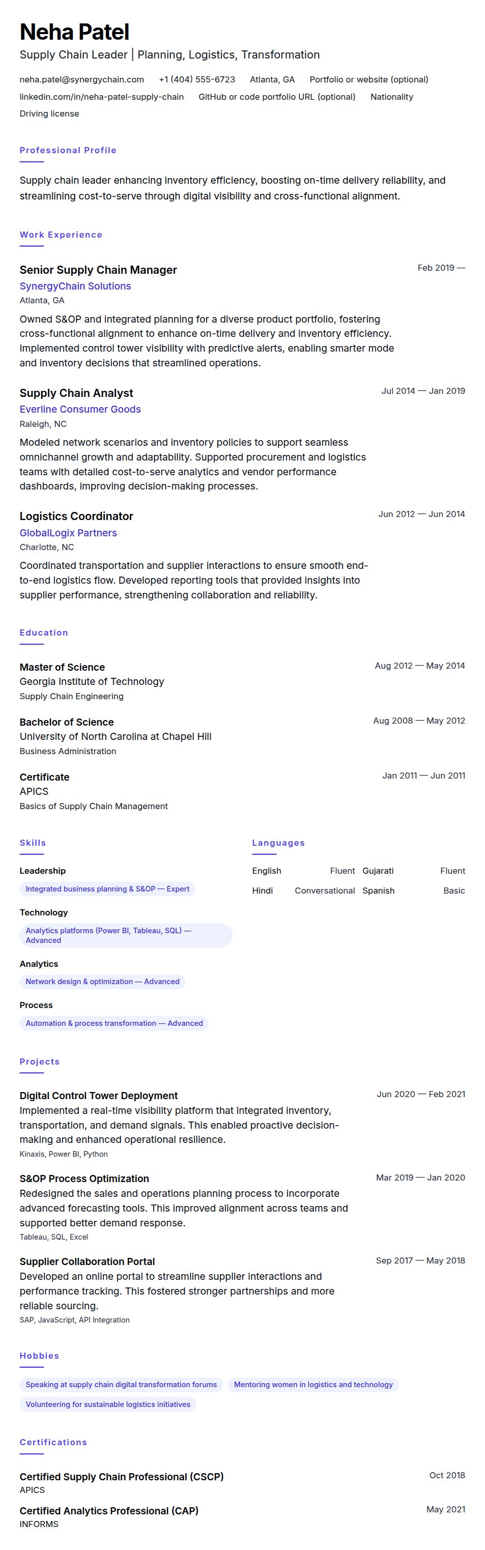 Resume preview for Supply Chain Professional Resume Example