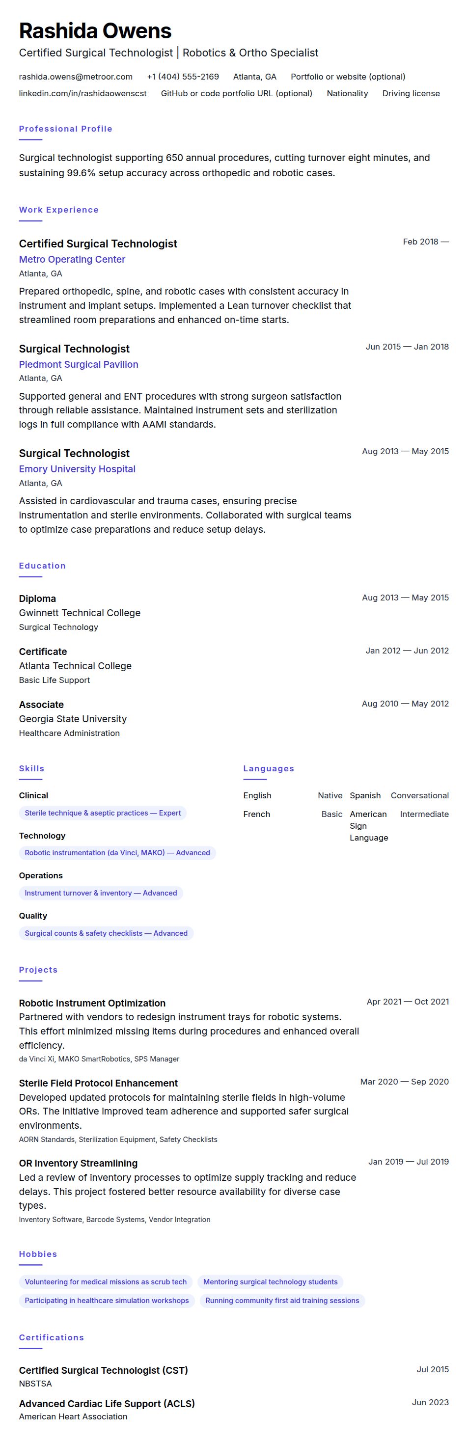 Resume preview for Surgical Technologist Resume Example