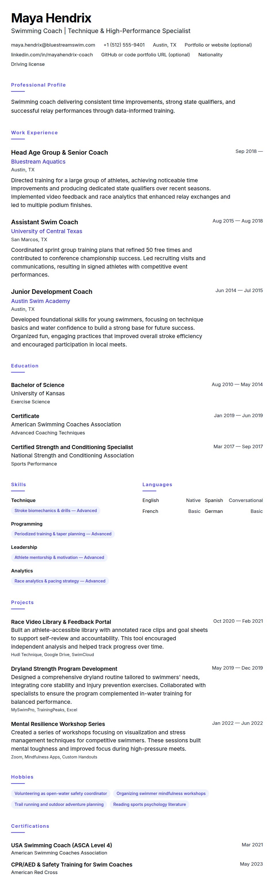 Resume preview for Swimming Coach Resume Example