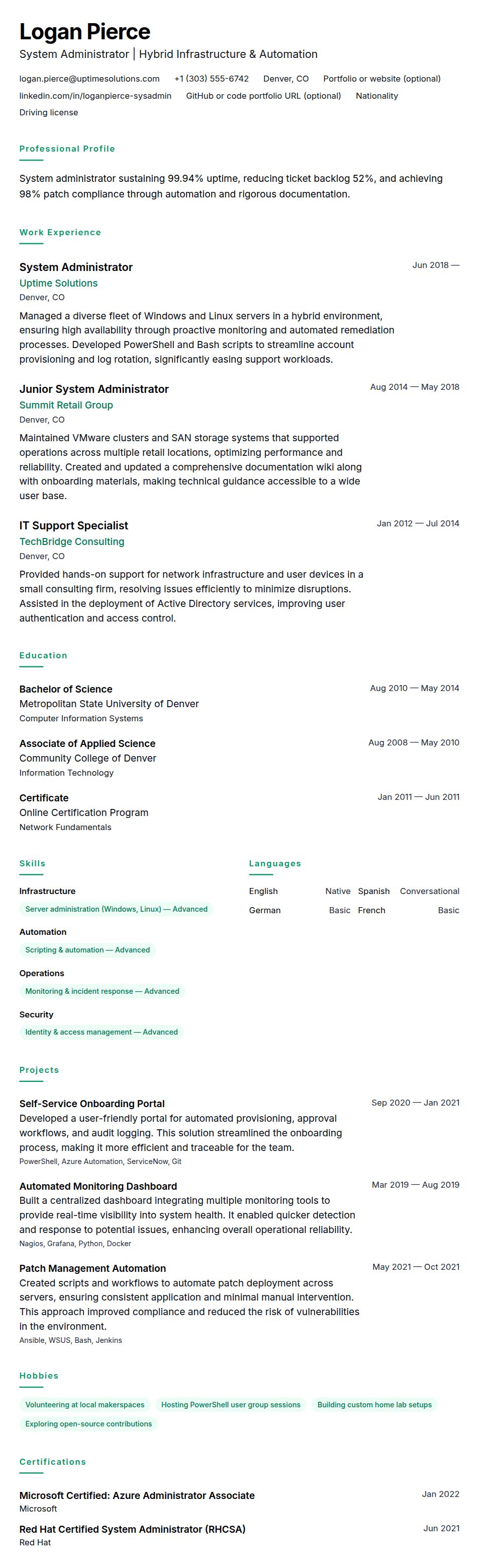 Resume preview for System Administrator Resume Example