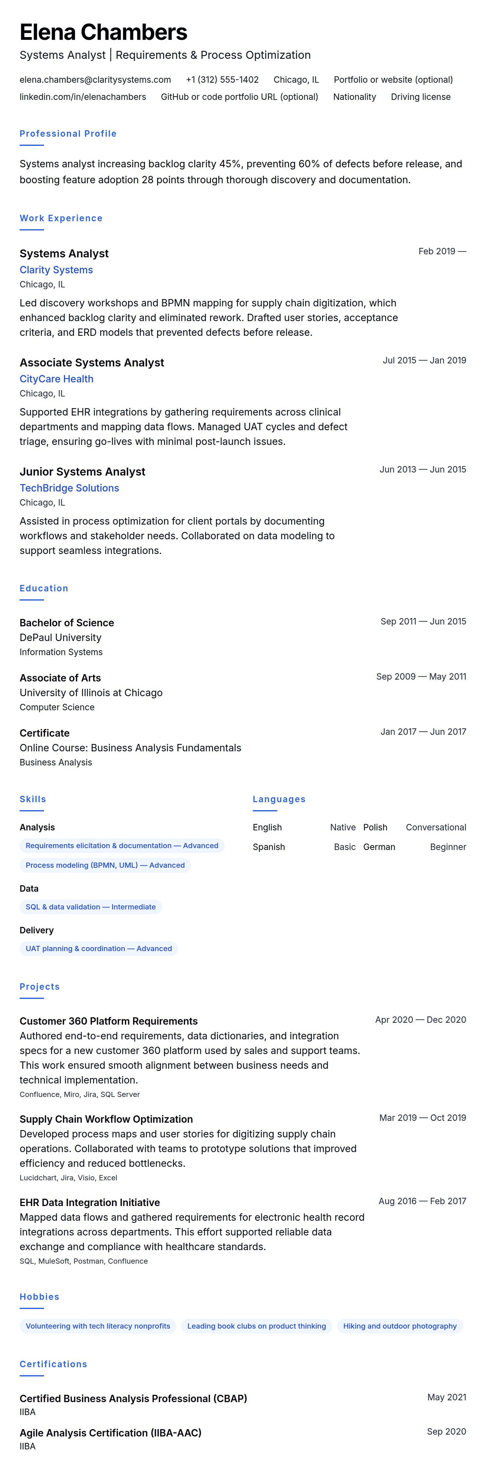 Resume preview for Systems Analyst Resume Example