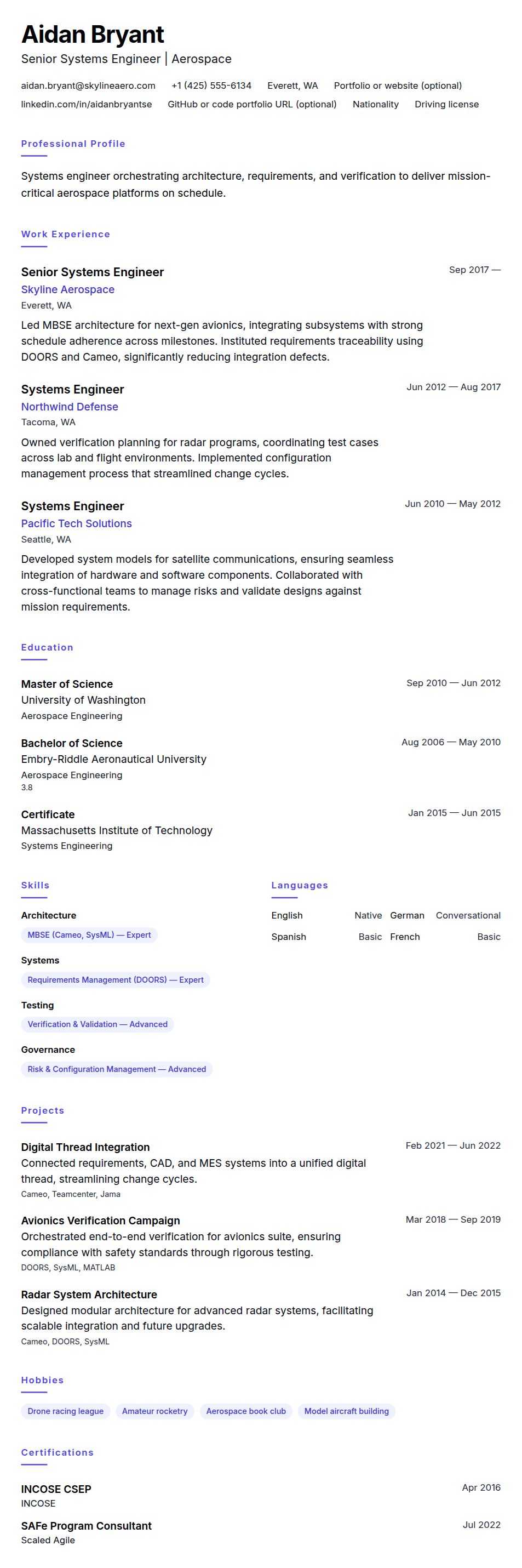 Resume preview for Systems Engineer Resume Example