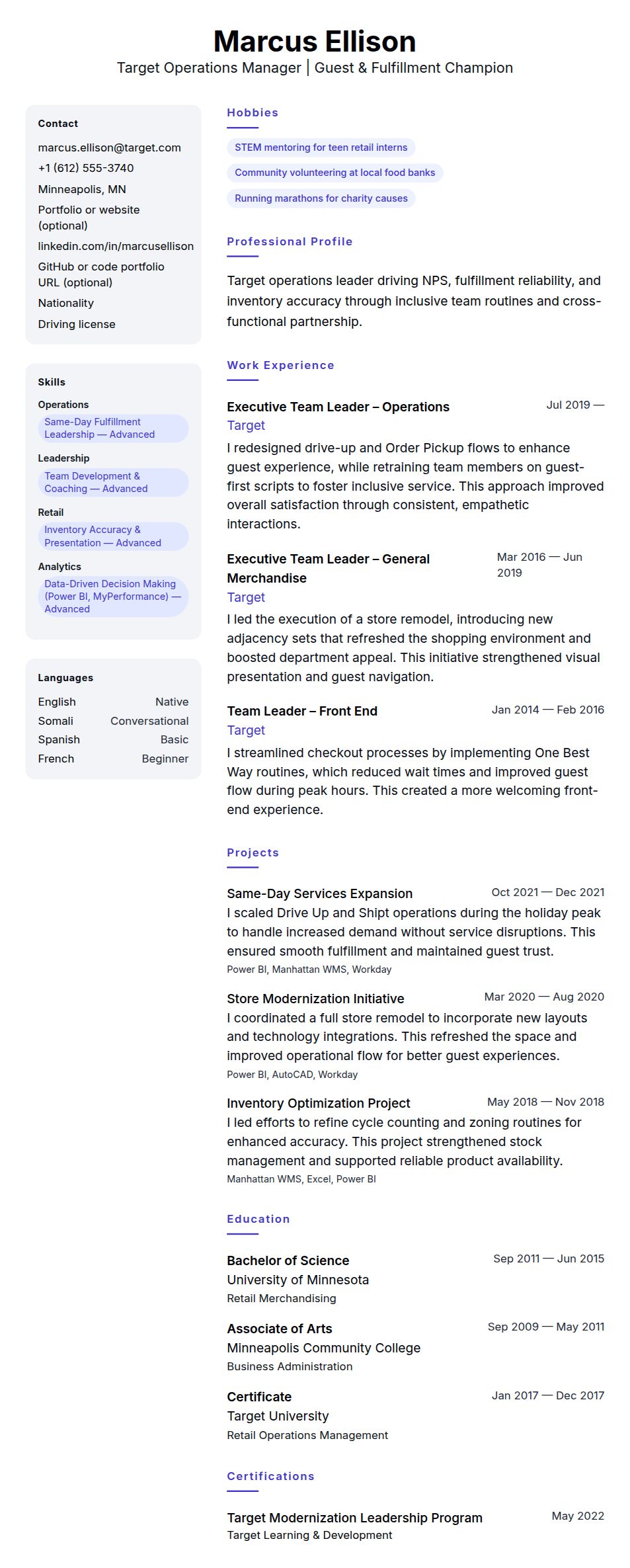Resume preview for Target Operations Manager Resume Example