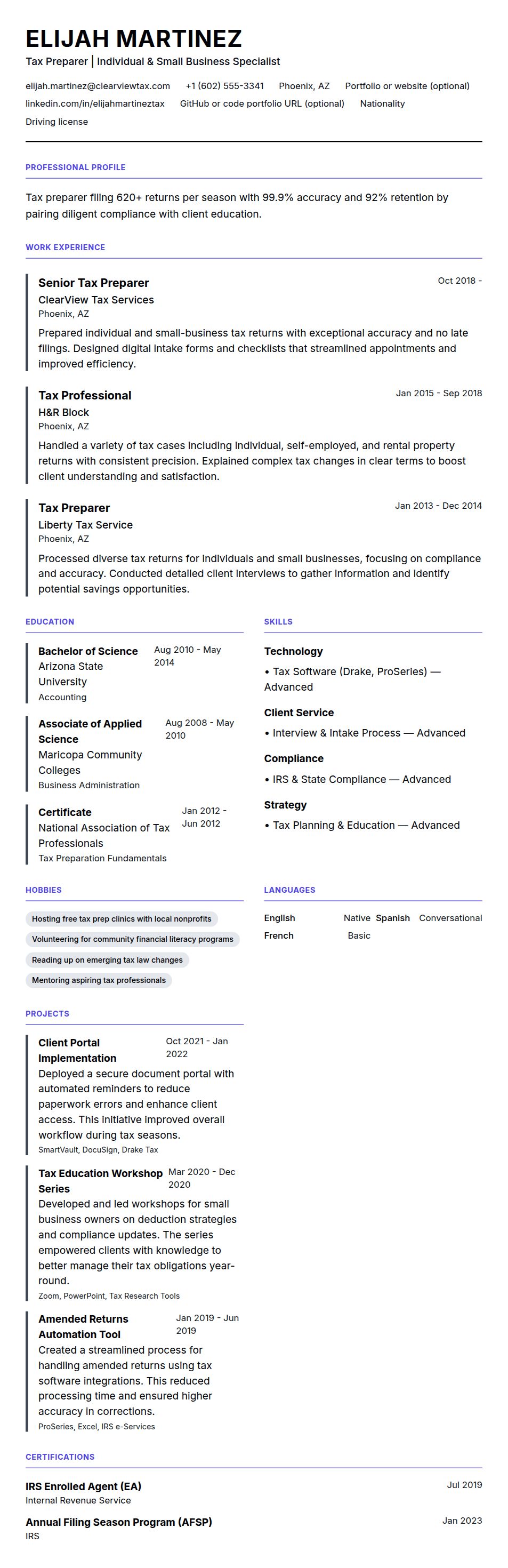 Resume preview for Tax Preparer Resume Example