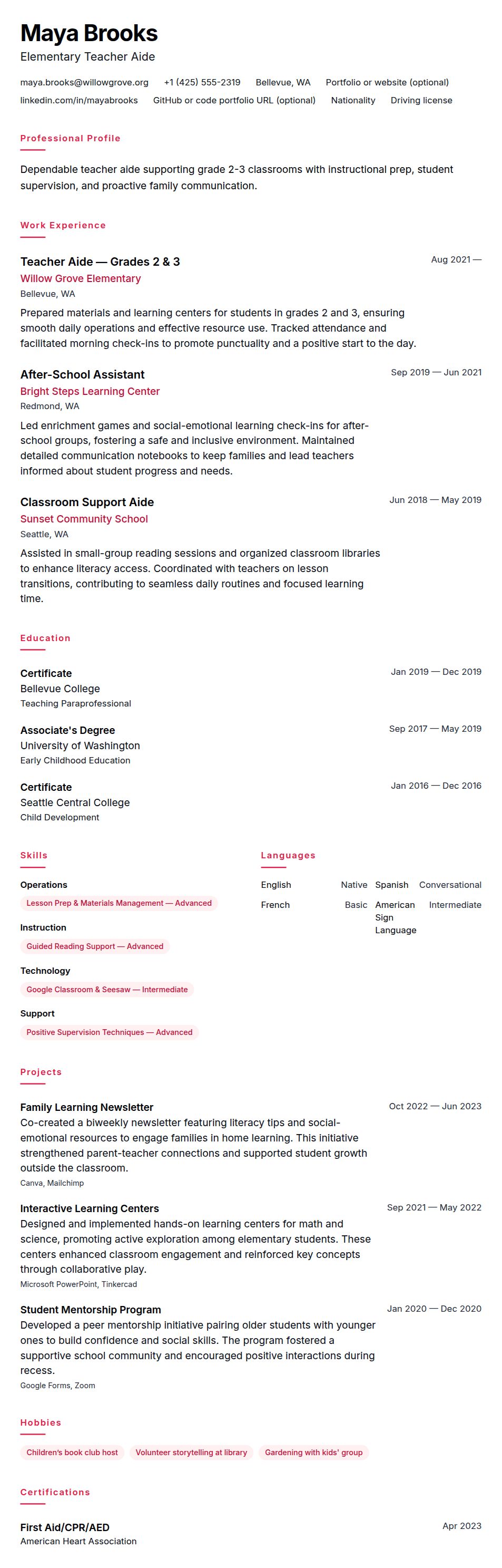 Resume preview for Teacher Aide Resume Example