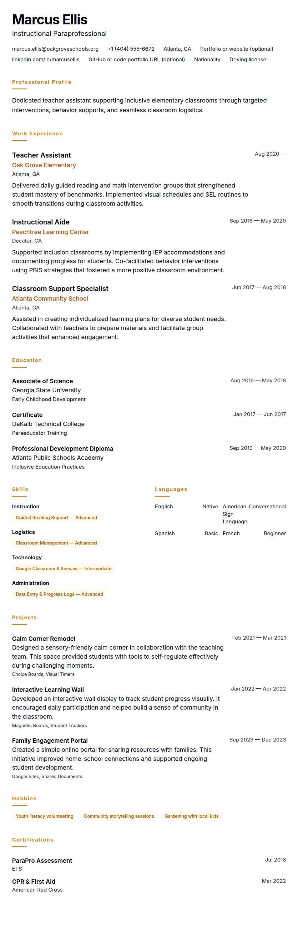 Resume preview for Teacher Assistant Resume Example