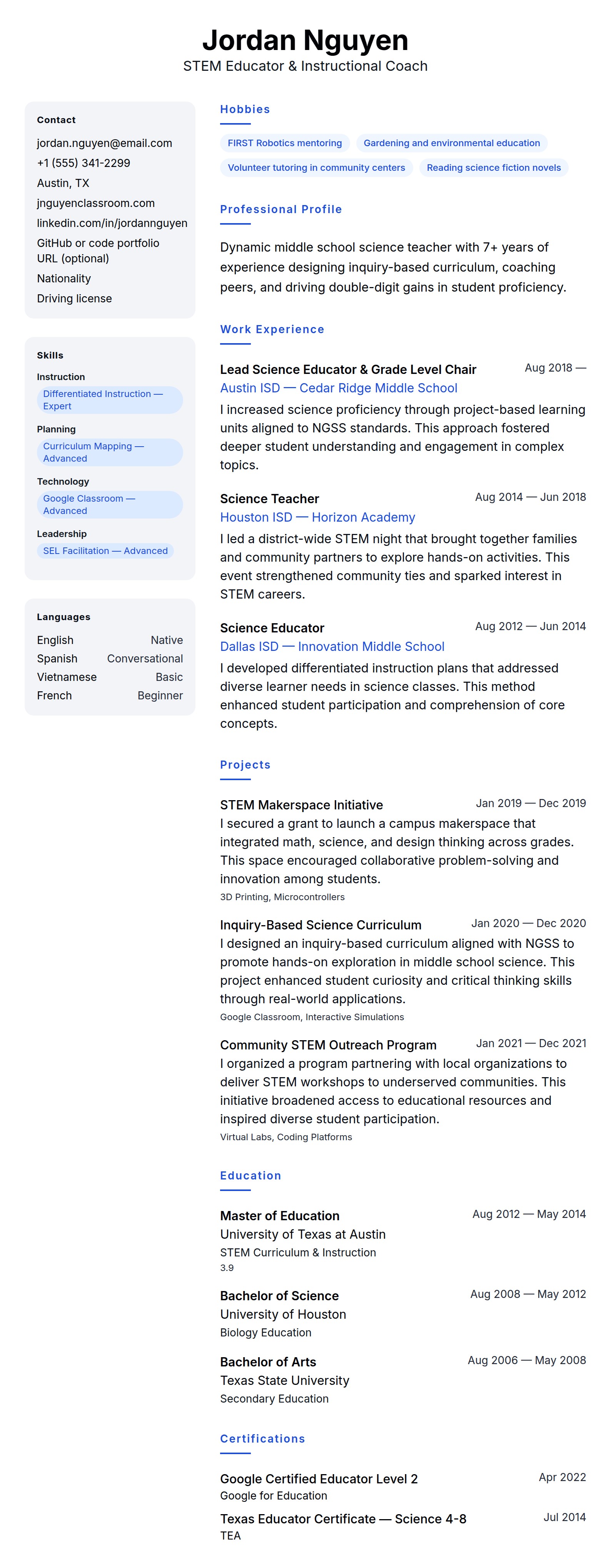 Teacher Resume Example