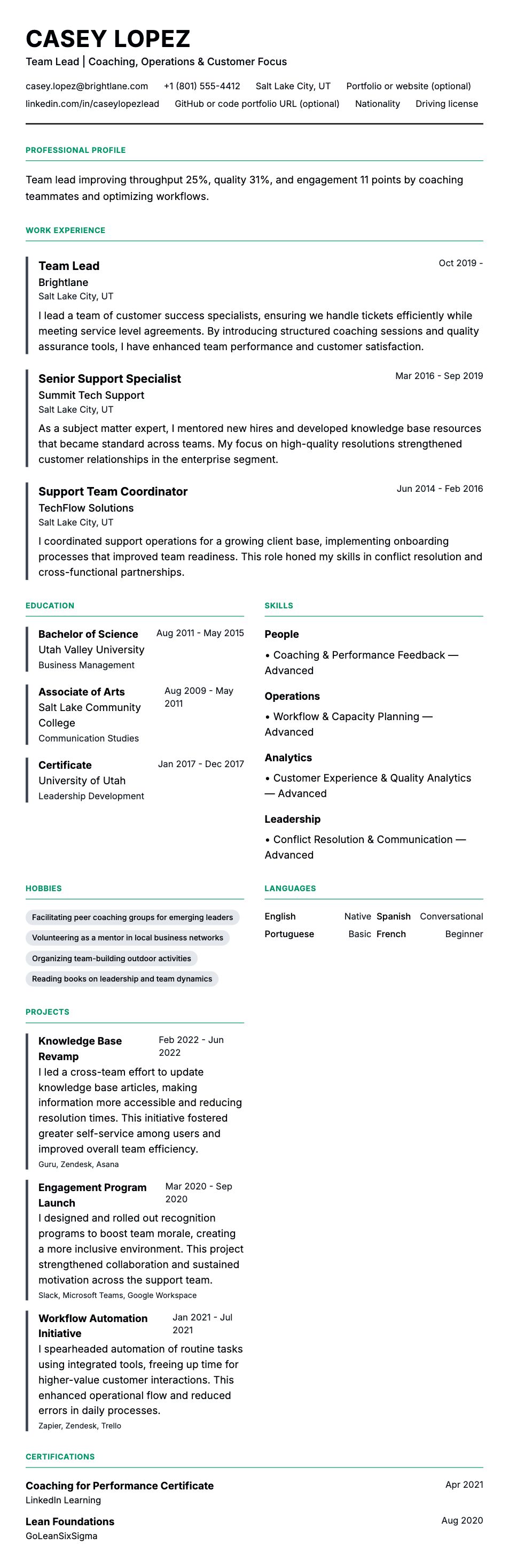 Resume preview for Team Lead Resume Example