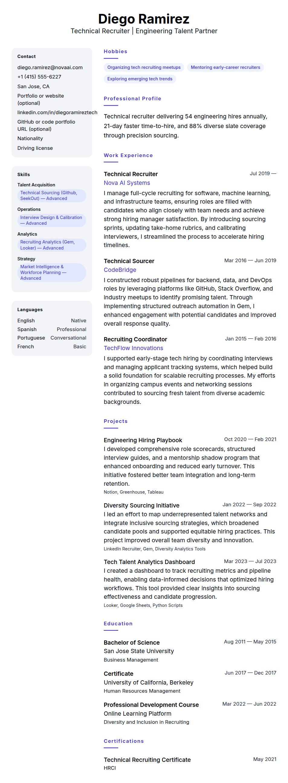 Resume preview for Technical Recruiter Resume Example