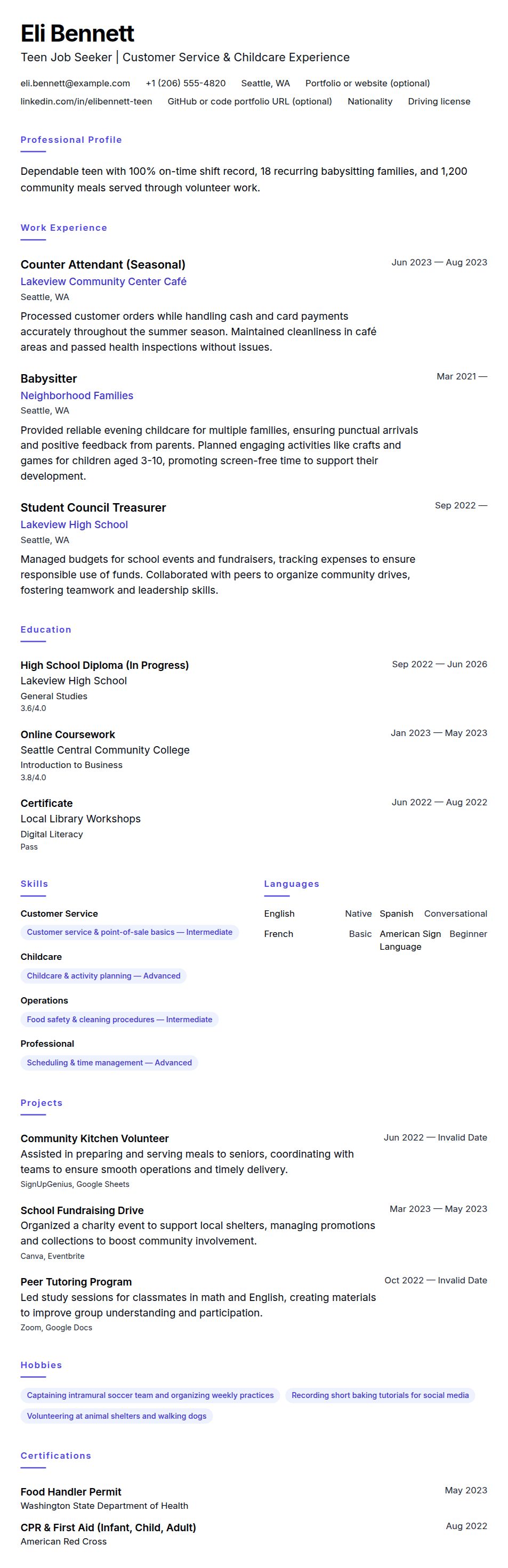 Resume preview for Teen Job Seeker Resume Example