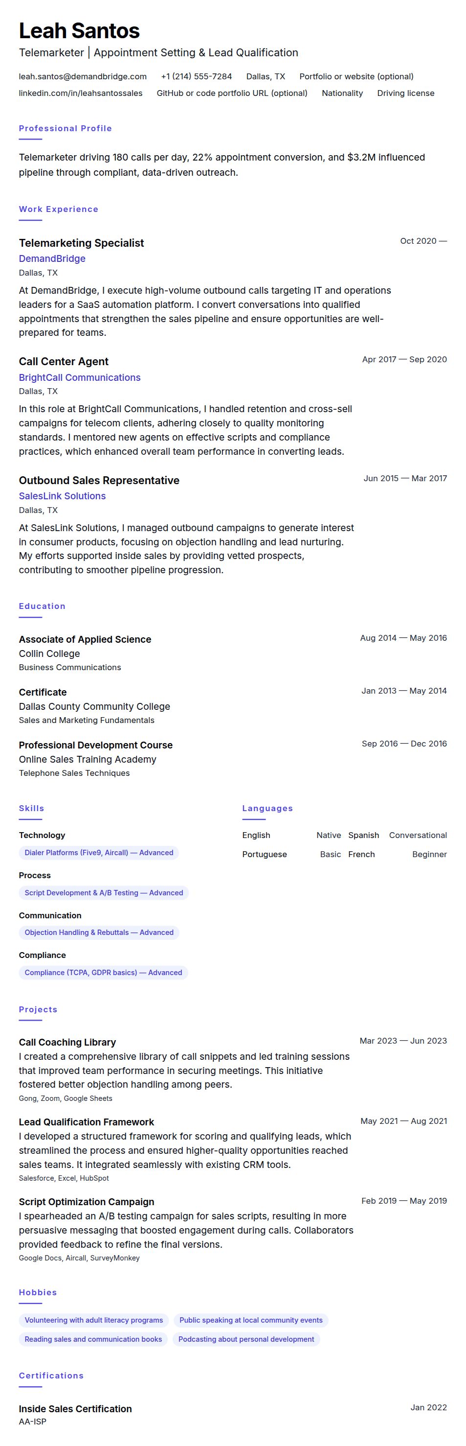 Resume preview for Telemarketer Resume Example